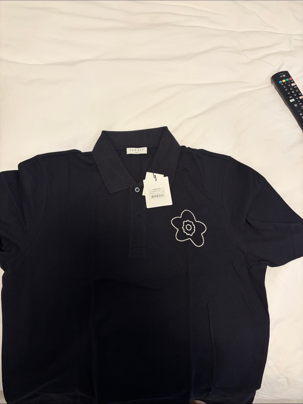 Sandro Black Polo with White Flower Patch NWT